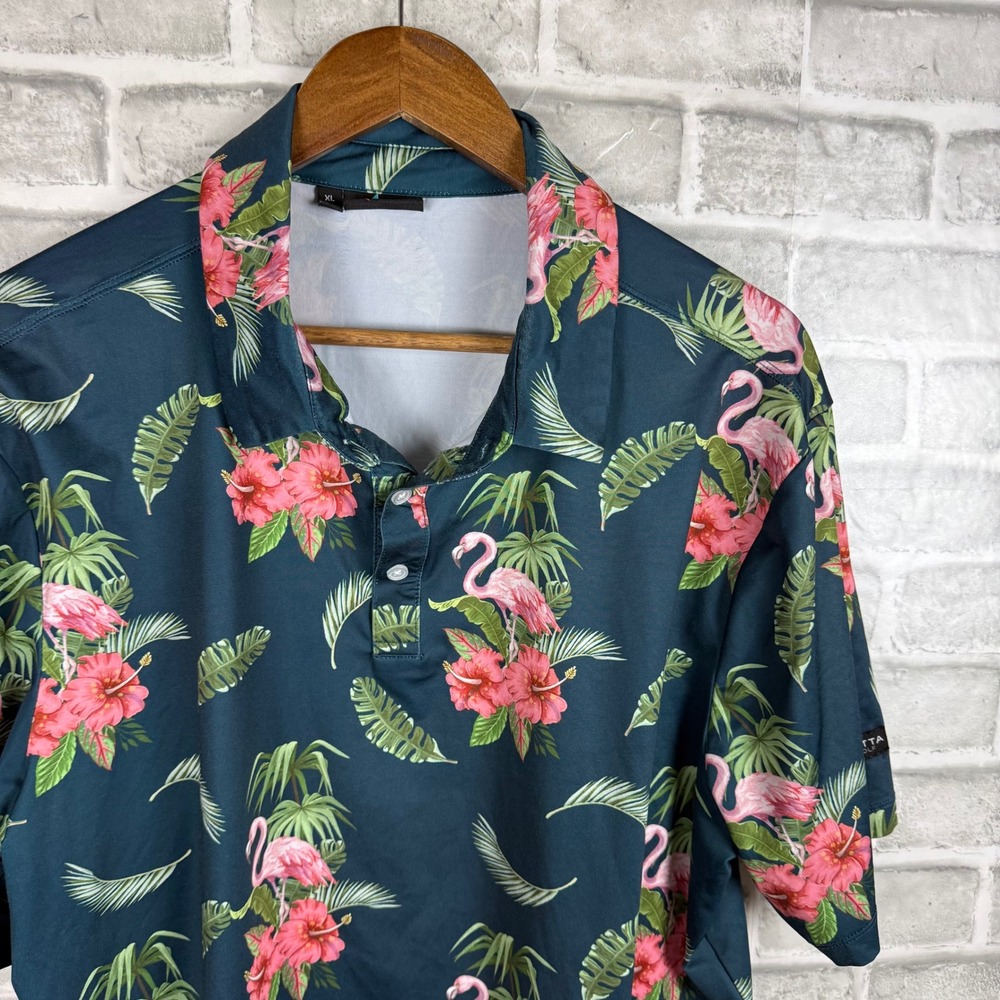 Yatta Golf Flamingo Hibiscus Tropical Print Polo Shirt Mens XL Teal Green Short